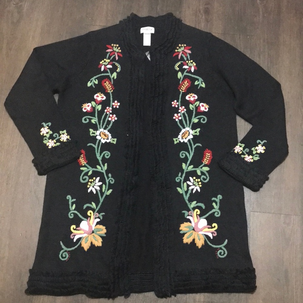 Black sweater floral long embroidered Cardigan size extra large New